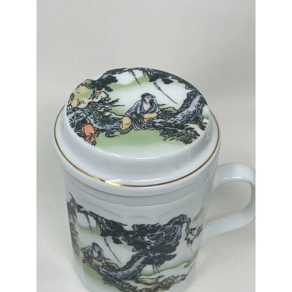 World Market Set Loose Tea Cup Lid Diffuser Mug Misty Rose Coll. Chinese Scene